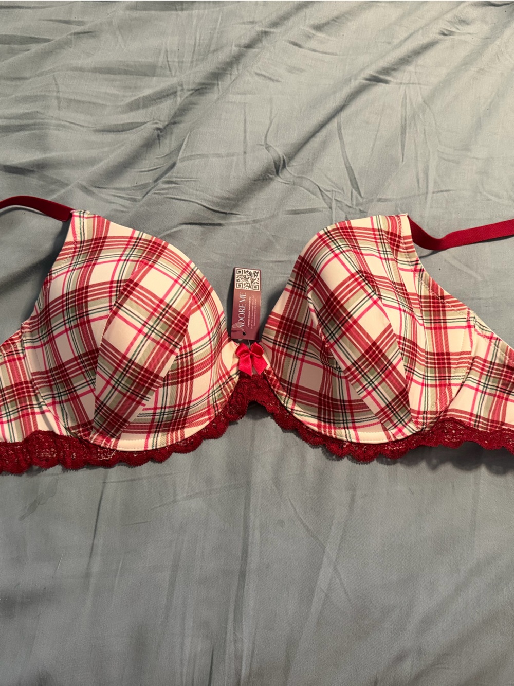 Adore Me Red & White Plaid T-Shirt Bra with Lace Trim
